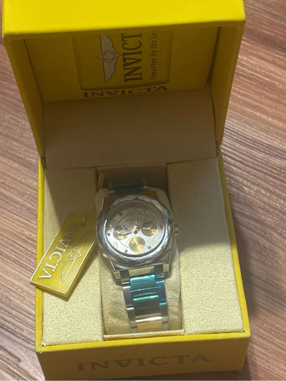 Invicta Silver and Gold Dial Stainless Steel Watch with Blue-Green Links